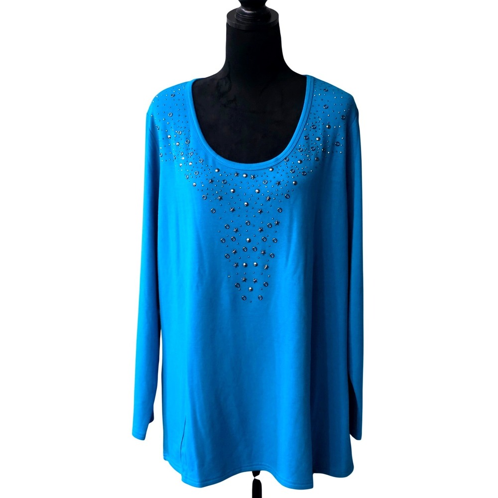 NWT Allure Womens‎ Blue Embellished Long Sleeve Tunic Top Zipper Accents Sz 1X